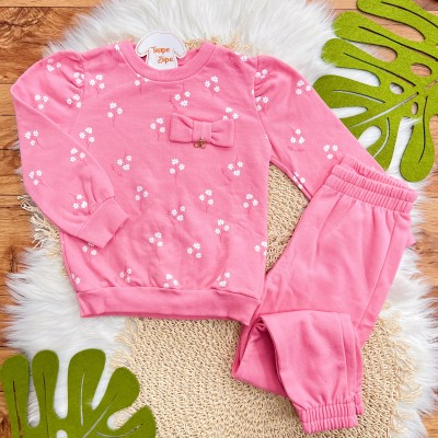 Conj. Casaco Florzinhas Brancas e Calça de Moletom - Rosa